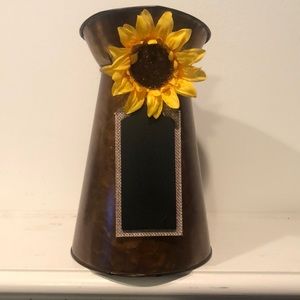 Metal watering can with sunflower & chalkboard